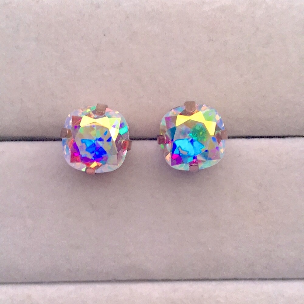 Aurora Borealis + Rose Gold Cushion Cut Crystal Earrings - Picture 5 of 6